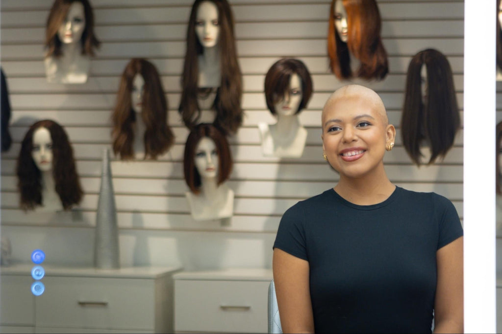  A young woman awaits a consultation for a wig due to hair loss. 